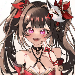 Rule 34 | 1girl, :d, bare shoulders, bell, black choker, blush, bow, breasts, brown hair, choker, cleavage, criss-cross halter, dress, fingers to cheek, fox mask, hair bow, halterneck, honkai: star rail, honkai (series), large breasts, long hair, looking at viewer, mask, mask on head, nail polish, neck bell, o-ring, open mouth, pink eyes, portrait, red bow, red dress, red nails, saihana, sidelocks, simple background, smile, solo, sparkle (honkai: star rail), straight-on, teeth, twintails, upper teeth only, v, white background