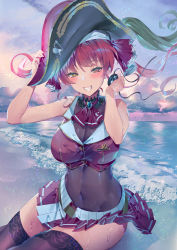 Rule 34 | 1girl, arrow through heart, ascot, beach, belt, bicorne, black hat, black thighhighs, blush, bodystocking, breasts, brooch, cleavage, cloud, cloudy sky, collar, commentary, covered navel, cropped jacket, dawn, eyepatch, frilled collar, frills, grin, hair ribbon, half-closed eyes, hat, heterochromia, holding eyepatch, hololive, houshou marine, jacket, jewelry, large breasts, leotard, leotard under clothes, looking at viewer, medium hair, miniskirt, ocean, outdoors, pirate hat, pleated skirt, red ascot, red eyes, red hair, red jacket, red skirt, ribbon, see-through, see-through cleavage, see-through leotard, sitting, skirt, sky, sleeveless, sleeveless jacket, smile, solo, teeth, thighhighs, thighs, twintails, unworn eyepatch, virtual youtuber, wet, wind, yellow eyes, yoshimoto (dear life), zettai ryouiki
