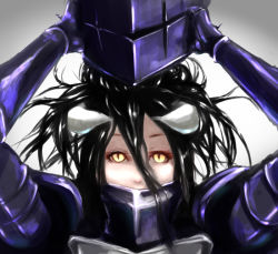 Rule 34 | 1girl, albedo (overlord), armor, arms up, black hair, demon girl, eyelashes, gradient background, horns, looking at viewer, messy hair, overlord (maruyama), removing helmet, slit pupils, solo, yamashita tomu, yellow eyes