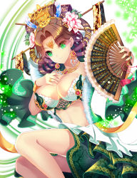 Rule 34 | 1girl, adapted costume, agrt, bad id, bad pixiv id, bra, breasts, brown hair, cleavage, double bun, earrings, hand fan, flower, folding fan, green bra, green eyes, green skirt, hair flower, hair ornament, hair stick, hand on own chest, highres, jewelry, large breasts, layered skirt, looking at viewer, lots of jewelry, navel, necktie, original, skirt, stomach, underwear