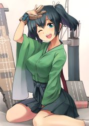 Rule 34 | 10s, 1girl, ;d, arrow (projectile), between legs, black hair, breasts, delta monster, female focus, flight deck, green eyes, hair ribbon, hand between legs, hand on own forehead, highres, japanese clothes, kantai collection, kimono, large breasts, muneate, one eye closed, open mouth, pleated skirt, ribbon, sitting, skirt, smile, solo, souryuu (kancolle), twintails
