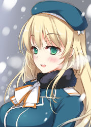 Rule 34 | 10s, 1girl, aqua eyes, atago (kancolle), bad id, bad pixiv id, blonde hair, grey background, hat, kantai collection, long hair, open mouth, personification, snowing, solo, sousouman