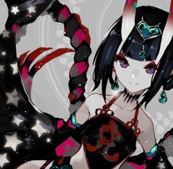 Rule 34 | 1girl, bare shoulders, black hair, bob cut, chinese clothes, choker, collarbone, commentary, dudou, earrings, eyeshadow, fate/grand order, fate (series), fundoshi, gourd, headpiece, horns, japanese clothes, jewelry, kusakanmuri, looking at viewer, makeup, oni, purple eyes, revealing clothes, rope, shimenawa, short eyebrows, shuten douji (fate), shuten douji (fate/grand order), shuten douji (halloween caster) (fate), skin-covered horns, solo, star (symbol), star print