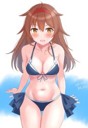 Rule 34 | 1girl, ame-san, bikini, blue bikini, breasts, brown hair, cleavage, cosplay, front-tie bikini top, front-tie top, hair flaps, hairband, highres, kantai collection, long hair, medium breasts, one-hour drawing challenge, red hairband, shigure (kancolle), shigure (kancolle) (cosplay), shigure kai san (kancolle), shigure kai san (kancolle) (cosplay), shiratsuyu (kancolle), shiratsuyu kai ni (kancolle), side-tie bikini bottom, solo, swimsuit, thigh gap