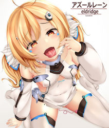 Rule 34 | 1girl, absurdres, ahoge, areola slip, arm at side, arm support, artist name, azur lane, blonde hair, blush, breasts, character name, clothes writing, clothing cutout, collarbone, commentary request, covered erect nipples, covered navel, detached sleeves, dress, eldridge (azur lane), facial mark, from above, gluteal fold, hair ornament, hairclip, halterneck, heart, heart-shaped pupils, highres, kana616, licking, licking finger, long hair, long sleeves, looking at viewer, looking up, object insertion, open mouth, orange eyes, puffy long sleeves, puffy sleeves, red eyes, remote control vibrator, saliva, sex toy, shiny skin, side cutout, sideboob, sitting, small breasts, solo, suggestive fluid, symbol-shaped pupils, thighhighs, thighs, tongue, tongue out, twintails, vaginal, vaginal object insertion, very long hair, vibrator, vibrator in thighhighs, wariza, white background, white dress, white thighhighs, zettai ryouiki