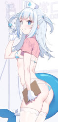 Rule 34 | 1girl, absurdres, ass, bikini, blue bikini, blue eyes, blue hair, blush, breasts, cloba, fins, fish tail, from side, gawr gura, gloves, hat, highres, holding, holding syringe, hololive, hololive english, long hair, looking at viewer, parted lips, shark girl, shark tail, short sleeves, small breasts, smile, solo, swimsuit, syringe, tail, teeth, thighhighs, thighs, two side up, virtual youtuber, white gloves, white hat, white thighhighs