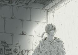 Rule 34 | 1boy, ceiling, collarbone, graphite (medium), greyscale, indoors, jacket, long hair, long sleeves, looking away, looking back, machi (ch1ja), male focus, mechanical pencil, monochrome, original, outdoors, pencil, ponytail, rain, serious, shirt, solo, traditional media, wall, water, wet