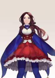 Rule 34 | 1girl, arms behind back, blue eyes, blue pantyhose, brown background, brown hair, cape, commentary request, dress, fate/grand order, fate (series), frilled dress, frills, highres, leonardo da vinci (fate), leonardo da vinci (fate/grand order), leonardo da vinci (rider) (fate), long hair, looking at viewer, mori yashiro (konkon oyashiro), pantyhose, puff and slash sleeves, puffy sleeves, red dress, simple background, smile, solo, standing, white background