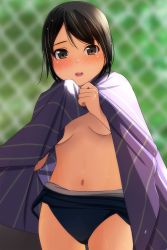 Rule 34 | 1girl, absurdres, black hair, black one-piece swimsuit, blurry, blurry background, blush, breasts, brown eyes, chain-link fence, clothes pull, cowboy shot, depth of field, fence, hands up, highres, looking at viewer, matsunaga kouyou, navel, nose blush, one-piece swimsuit, one-piece swimsuit pull, open mouth, original, school swimsuit, small breasts, solo, standing, swimsuit, teeth, topless, towel, upper teeth only
