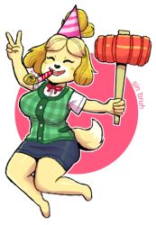 Rule 34 | 1girl, animal crossing, animal ears, arms up, artist name, barefoot, blonde hair, blue skirt, blush stickers, breasts, buck teeth, closed eyes, dog ears, dog girl, dog tail, female focus, full body, furry, furry female, green vest, hair tie, hammer, happy, hat, highres, holding, holding weapon, isabelle (animal crossing), large breasts, miniskirt, neck ribbon, nintendo, open mouth, outline, party hat, party horn, pencil skirt, pink background, pink hat, plaid, plaid vest, red ribbon, ribbon, shiny skin, shirt, short hair, short sleeves, simple background, sin bruh, skirt, smile, solo, super smash bros., tail, teeth, topknot, two-tone background, v, vest, watermark, weapon, white outline, white shirt