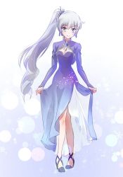 Rule 34 | 1girl, alternate costume, blue eyes, bowing, dress, hair ornament, iesupa, jewelry, long hair, necklace, rwby, scar, scar across eye, scar on face, solo, standing, very long hair, weiss schnee, white hair