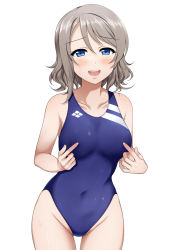 Rule 34 | 1girl, bare shoulders, blue eyes, blue one-piece swimsuit, blush, breasts, collarbone, commentary request, competition swimsuit, covered erect nipples, covered navel, gluteal fold, grabbing own breast, grey hair, hair between eyes, looking at viewer, love live!, love live! sunshine!!, medium breasts, miel (lessontome), nipple rub, nipple stimulation, one-piece swimsuit, open mouth, short hair, simple background, smile, solo, swimsuit, teeth, thigh gap, upper teeth only, watanabe you, wet, white background