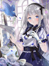 Rule 34 | 1girl, bad id, bad pixiv id, bird, black bow, blue eyes, blunt bangs, blush, bow, brooch, dress, flower, glint, gloves, highres, holding, holding paintbrush, indoors, jewelry, lily of the valley, looking at viewer, masyu jyaga, original, paintbrush, painting (action), painting (object), rose, silver hair, solo, white flower, white gloves, white rose, window