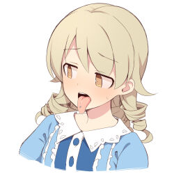 Rule 34 | 1girl, blue dress, blush, brown eyes, collared dress, cropped torso, dress, idolmaster, idolmaster cinderella girls, light brown hair, long hair, looking to the side, morikubo nono, open mouth, piercing, puffy sleeves, ringlets, simple background, solo, sweat, tongue, tongue out, tongue piercing, uccow, upper body, white background