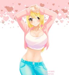 Rule 34 | 1girl, arms up, blonde hair, blush, breasts, brown eyes, cleavage, closed mouth, collarbone, denim, facing viewer, fairy tail, hands up, happy, heart, jeans, large breasts, long hair, long sleeves, looking at viewer, lucy heartfilia, midriff, navel, open clothes, open shirt, own hands together, pants, shirt, smile, solo, standing, stomach, tank top, upper body