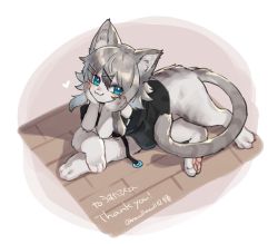 Rule 34 | 1girl, :3, attack, black shirt, blue eyes, blush, cat girl, cat tail, closed mouth, colored skin, commission, furry, furry female, grey hair, grey skin, hair ornament, hairclip, looking at viewer, mullmull02, nyantauros, original, shirt, sitting, skeb commission, smile, smug, solo, tail, taur, twitter username, x hair ornament