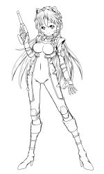 Rule 34 | 1girl, arm up, bodysuit, boots, breasts, collarbone, gloves, greyscale, gun, hair between eyes, handgun, headgear, high heels, highres, holding, holding gun, holding weapon, knee pads, large breasts, long hair, looking at viewer, monochrome, original, pawoo, pistol, red fox magnet, sketch, skin tight, skindentation, smile, solo, trigger discipline, weapon