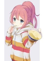 Rule 34 | 1girl, absurdres, alternate hairstyle, blue eyes, blush, closed mouth, eating, file112056, food, grey background, hair between eyes, highres, holding, holding food, holding spoon, hood, hoodie, ice cream, ice cream cup, kagamihara nadeshiko, long hair, long sleeves, looking at viewer, multicolored clothes, multicolored hoodie, pink hair, ponytail, simple background, smile, solo, spoon, striped clothes, striped hoodie, translation request, utensil in mouth, wooden spoon, yurucamp