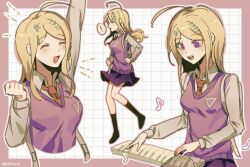 Rule 34 | !, 1girl, :d, ahoge, akamatsu kaede, arm up, blonde hair, blush, border, breasts, brown necktie, brown shirt, chifurin, clenched hand, cropped torso, danganronpa (series), danganronpa v3: killing harmony, hand up, highres, instrument, keyboard (instrument), kneehighs, long sleeves, medium breasts, miniskirt, multiple views, necktie, open mouth, pink border, pink sweater vest, shirt, skirt, smile, socks, speech bubble, sweater vest, white background