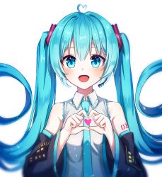 Rule 34 | 1girl, :d, absurdres, ahoge, black sleeves, blue eyes, blue hair, blue necktie, collared shirt, detached sleeves, floating hair, hair between eyes, hatsune miku, heart, heart ahoge, heart hands, highres, ille (xcpa7325), long hair, long sleeves, looking at viewer, necktie, open mouth, shirt, simple background, sleeveless, sleeveless shirt, smile, solo, twintails, upper body, very long hair, vocaloid, white background, white shirt, wing collar