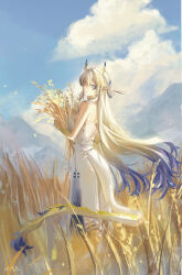 Rule 34 | 1girl, absurdres, arknights, bare shoulders, blonde hair, blue eyes, blue hair, blue horns, blue tail, chinese commentary, closed mouth, commentary request, day, dragon girl, dragon horns, dragon tail, field, from behind, full body, guoziqiqi, hair between eyes, highres, holding, holding plant, horns, light smile, long hair, looking at viewer, looking back, multicolored hair, no jacket, outdoors, plant, sheaf, shu (arknights), skirt, solo, standing, strapless, sunlight, tail, tube top, turning head, very long hair, wheat, wheat field, white hair, white horns, white skirt, white tail, white tube top, wind, yellow horns, yellow tail