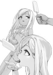 Rule 34 | 1boy, 1girl, bikini, breasts, feeding, food, greyscale, highres, idolmaster, idolmaster cinderella girls, layla (idolmaster), long hair, micro bikini, monochrome, mukago (mukagomumumu), multiple views, open mouth, out of frame, parted bangs, popsicle, profile, small breasts, solo focus, swimsuit, tongue, tongue out