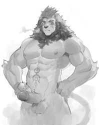 Rule 34 | 1boy, abs, bara, character request, completely nude, copyright request, cropped legs, erection, furry, furry male, girthy penis, greyscale, hands on own hips, highres, large pectorals, lion boy, lion hair, looking at viewer, male focus, mature male, monochrome, muscular, muscular male, navel, neumo, nipples, nude, pectorals, penis, scar, scar across eye, short hair, solo, stomach, stomach tattoo, tattoo, thick eyebrows, thick thighs, thighs, tokyo houkago summoners, v-taper