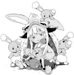 Rule 34 | 1other, @ @, animal ears, artist request, black sclera, buneary, colored sclera, creatures (company), crossover, game freak, gen 4 pokemon, greyscale, happy, highres, long hair, made in abyss, monochrome, nanachi (made in abyss), nintendo, pokemon, pokemon (creature), rabbit ears, smile, trait connection, very long hair