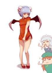 Rule 34 | &gt;:3, 3girls, :&gt;, :3, :d, :o, = =, alternate costume, alternate hairstyle, bat wings, blue hair, blush, braid, bun cover, chen bin, chibi, china dress, chinese clothes, clothes pull, double bun, dress, dress pull, closed eyes, full-face blush, full body, hat, highres, hong meiling, izayoi sakuya, long hair, looking at viewer, maid headdress, multiple girls, open mouth, red eyes, red hair, remilia scarlet, shoes, short hair, short sleeves, silver hair, simple background, smile, star (symbol), thumbs up, touhou, triangle mouth, twin braids, v-shaped eyebrows, white background, wings