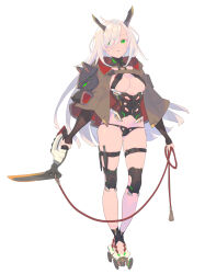Rule 34 | 1girl, arms at sides, black panties, blade horns, breasts, brown capelet, capelet, enkyo yuuichirou, green eyes, hair over one eye, highres, holding, holding weapon, horns, knee pads, kusarigama (enkyo yuuichirou), long hair, looking at viewer, medium breasts, original, panties, parted lips, simple background, solo, standing, thigh strap, underwear, weapon, white background, white hair