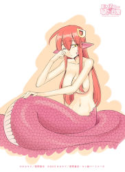 Rule 34 | 10s, 1girl, 2015, breasts, collarbone, convenient censoring, copyright name, hair censor, hair over breasts, huge breasts, lamia, long hair, miia (monster musume), monster girl, monster musume no iru nichijou, navel, nude, official art, okayado, one eye closed, pointy ears, red hair, rubbing eyes, scales, simple background, sleepy, slit pupils, solo, unmoving pattern, yellow eyes