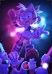 Rule 34 | 1girl, 6+others, ame (beeames), amy rose, animal ears, animal nose, arm up, bare shoulders, belt, black shirt, blue eyes, blurry, blurry background, boots, bracelet, collared vest, eyelashes, fang, furry, furry female, gloves, gold bracelet, hairband, hand up, hands up, headphones, heart, heart print, hedgehog ears, hedgehog girl, highres, holding, jewelry, looking at another, looking down, microphone, multiple others, open clothes, open mouth, open vest, pink belt, pink fur, pink hairband, pink ribbon, pink socks, ribbon, shirt, skirt, sleeveless, sleeveless shirt, smile, socks, sonic (series), stage, stage lights, standing, t-shirt, teeth, tongue, vest, white footwear, white gloves, white skirt, white vest