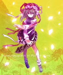 Rule 34 | 1girl, bad id, bad pixiv id, blue eyes, bow, female focus, flower, frills, glowing, glowing petals, green hair, hat, long sleeves, neme, petals, phantasmagoria of flower view, rod of remorse, shiki eiki, solo, spider lily, touhou