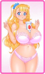 Rule 34 | 1girl, absurdres, akiranime, between breasts, blonde hair, blue eyes, blush, bra, breasts, bubble tea challenge, cleavage, cup, drink, drinking straw, galko, hair bun, highres, huge breasts, lace, lace-trimmed bra, lace-trimmed panties, lace trim, long hair, open mouth, oshiete! galko-chan, panties, pink bra, pink panties, ponytail, ribbon, shiny skin, side ponytail, single hair bun, solo, standing, straw, thick thighs, thighs, tight clothes, underwear, underwear only