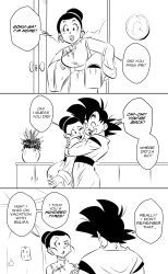 Rule 34 | 1boy, 1girl, absurdres, bag, chi-chi (dragon ball), chinese clothes, closed eyes, comic, commentary, door, doorway, dragon ball, dragonball z, english commentary, english text, funsexydb, greyscale, hair bun, highres, holding, holding bag, hug, husband and wife, monochrome, note, one eye closed, open mouth, paper, raised eyebrow, single hair bun, smile, son goku