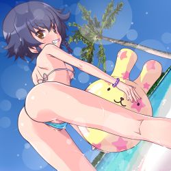 Rule 34 | 10s, 1girl, ass, ball, beach, beachball, bent over, bikini, blue hair, blush, bracelet, braid, breasts, brown eyes, cameltoe, day, dutch angle, from behind, girls und panzer, grin, hair tie, jewelry, k10k, kneepits, looking at viewer, micro bikini, ocean, palm tree, pepperoni (girls und panzer), side braid, single braid, small breasts, smile, solo, star (symbol), swimsuit, thighs, tree