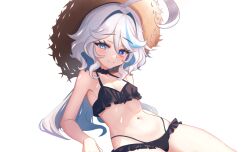 Rule 34 | 1girl, absurdres, ahoge, arm support, bikini, black bikini, black choker, blue eyes, blue hair, breasts, choker, commentary, english commentary, furina (genshin impact), genshin impact, hat, highres, kiari art, long hair, looking at viewer, mixed-language commentary, multicolored hair, navel, small breasts, smile, solo, stomach, streaked hair, sun hat, swimsuit, thighs, transparent background, very long hair, white hair