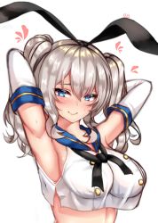Rule 34 | 1girl, alternate costume, armpits, arms behind head, bare shoulders, blue eyes, blush, breasts, colored eyelashes, cosplay, elbow gloves, gloves, highres, kantai collection, kashima (kancolle), large breasts, long hair, looking at viewer, midriff, momoriko, navel, no bra, pink lips, sailor collar, school uniform, see-through, serafuku, shimakaze (kancolle), shimakaze (kancolle) (cosplay), sidelocks, silver hair, solo, stomach, tsurime, twintails, upper body, wavy hair, white background, white gloves