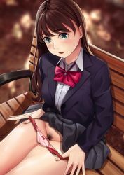 Rule 34 | 1girl, :d, bench, blazer, blurry, blush, bow, bow panties, bowtie, breasts, brown hair, clothes lift, depth of field, dress shirt, exhibitionism, female pubic hair, from above, green eyes, groin, highres, jacket, legs together, long hair, looking at viewer, loose bowtie, medium breasts, neko neko koneko, open mouth, original, outdoors, panties, panty pull, park bench, pleated skirt, pubic hair, public indecency, pulled by self, school uniform, shiny skin, shirt, sitting, skirt, skirt lift, smile, solo, underwear
