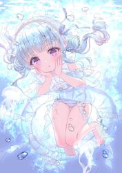 Rule 34 | 1girl, :o, bare shoulders, barefoot, blue hair, chitosezaka suzu, commentary, day, double bun, frilled hairband, frills, hair bun, hairband, jellyfish, knees together feet apart, long hair, one-piece swimsuit, original, outdoors, parted lips, red eyes, ringlets, see-through, solo, swimsuit, twintails, underwater, very long hair, water, white one-piece swimsuit