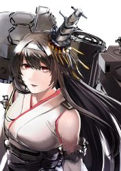 Rule 34 | 10s, 1girl, black hair, breasts, commentary request, detached sleeves, fusou (kancolle), hachimaki, hair ornament, hairband, headband, kantai collection, large breasts, looking at viewer, nakano haito, nontraditional miko, open mouth, red eyes, rigging, sketch, smile, solo, upper body, white background