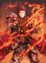 Rule 34 | 10s, 1boy, armor, closed mouth, fire, granblue fantasy, hair slicked back, holding, holding weapon, male focus, percival (granblue fantasy), red eyes, red theme, smile, solo, sword, weapon, zinnkousai3850