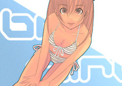 Rule 34 | 1girl, :d, bikini, breasts, brown eyes, brown hair, cleavage, collarbone, dripping, from above, front-tie bikini top, front-tie top, hair over eyes, halterneck, hands on own knees, kiriman (souldeep), long hair, looking at viewer, medium breasts, nail polish, open mouth, original, side-tie bikini bottom, sitting, smile, solo, striped bikini, striped clothes, swimsuit, tan, text focus, white nails