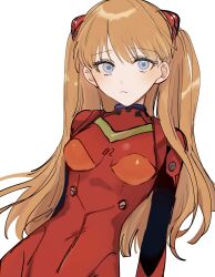 Rule 34 | 1girl, :/, absurdres, blue eyes, bodysuit, breasts, brown hair, c uino, highres, long hair, looking at viewer, medium breasts, neon genesis evangelion, plugsuit, red bodysuit, shiny clothes, simple background, skin tight, solo, souryuu asuka langley, two side up, white background