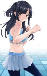 Rule 34 | 1girl, anno masato, bare shoulders, black hair, boxing, brown eyes, commentary request, crop top, fitness boxing, highres, karen (fitness boxing), long hair, looking at viewer, miniskirt, navel, parted lips, pleated skirt, skirt, sportswear, standing, sweat, sweatdrop, two side up, white skirt
