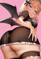 Rule 34 | 1girl, ass, blonde hair, blue eyes, breasts, demon wings, drawfag, fishnet thighhighs, fishnets, from behind, from below, hair ornament, hololive, hololive english, looking at viewer, looking back, maid headdress, medium breasts, parted lips, pink background, short hair, simple background, skindentation, skirt, smile, solo, thighhighs, virtual youtuber, watson amelia, wings