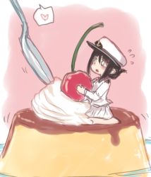 Rule 34 | 1girl, :o, black hair, blush, cherry, commentary request, cream, female admiral (kancolle), flying sweatdrops, folded ponytail, food, fruit, hat, heart, in food, kantai collection, military, military uniform, mini person, minigirl, naval uniform, open mouth, peaked cap, pink background, pudding, solo, spoken heart, spoon, uniform, utopia