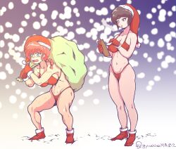 Rule 34 | 2girls, bag, bikini, blue eyes, blush, boots, braid, breasts, brown eyes, brown hair, cameltoe, carrying over shoulder, christmas, closed eyes, covered erect nipples, exhausted, female focus, full body, gloves, groin, hat, large breasts, legs, multiple girls, navel, open mouth, ranma-chan, ranma 1/2, red hair, santa hat, saotome ranma, short hair, simple background, single braid, squatting, standing, swimsuit, tendou nabiki, thighs, yashiro a. marino