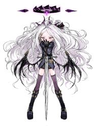Rule 34 | 1girl, ahoge, black footwear, black gloves, black skirt, black wings, blue archive, blush, boots, full body, gloves, highres, hina (blue archive), holding, holding sword, holding weapon, horns, jacket, long hair, long sleeves, looking at viewer, pencil skirt, purple eyes, reitoubeef, simple background, skirt, solo, sword, thighhighs, very long hair, weapon, white background, white hair, wings
