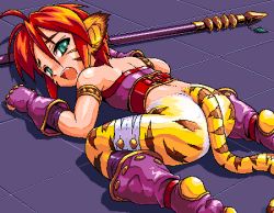 Rule 34 | ahoge, animal ears, bandages, bandeau, breath of fire, breath of fire ii, capcom, cat ears, fang, flat chest, game, gloves, green eyes, lowres, red hair, rinpoo chuan, short hair, staff, striped, tattoo